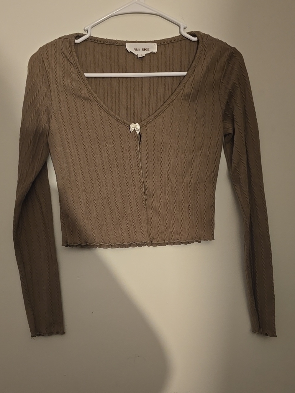 Pink Rose Taupe Ribbed Long-Sleeve Cropped Top with Bow